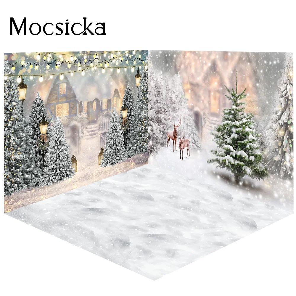 ฤดูหนาวแช่แข็ง House พื้นหลังฉากหิมะคริสต์มาสต้นไม้เด็กวันเกิด3d Glitter Xmas Room Portrait สำหรับ Studio Decor