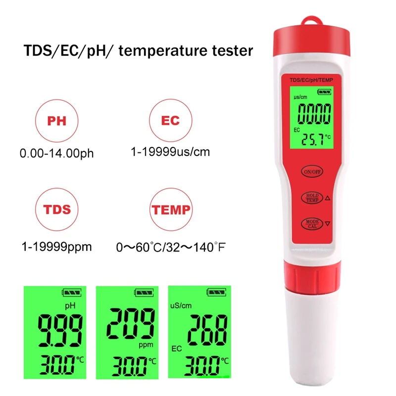 Hot-4 In 1 Digital Water Quality Detector PH/TDS/EC/TEMP Multi-Function Tester Pen