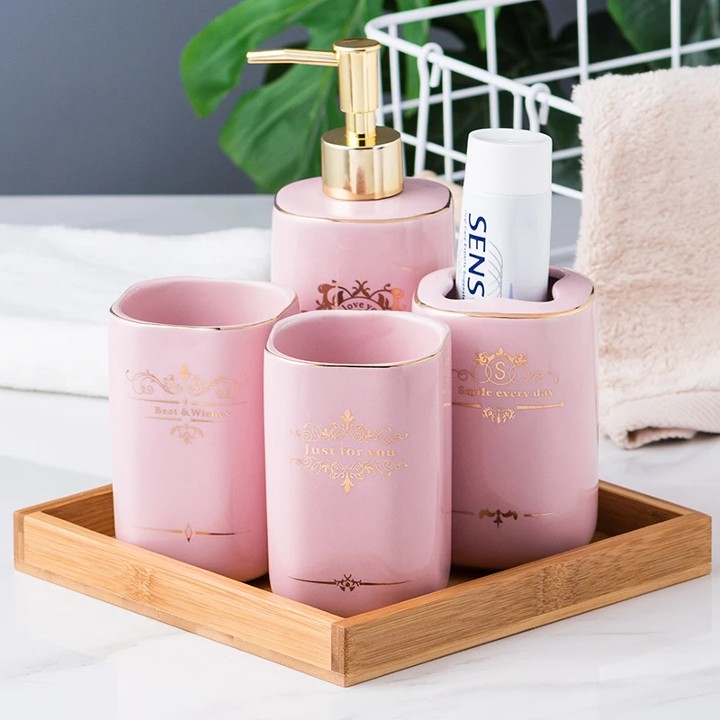 Pink Ceramic Bathroom Set Accessories Lotion Bottle Emulsion Mouthwash Cup Soap Dish Wooden Pallet Wash