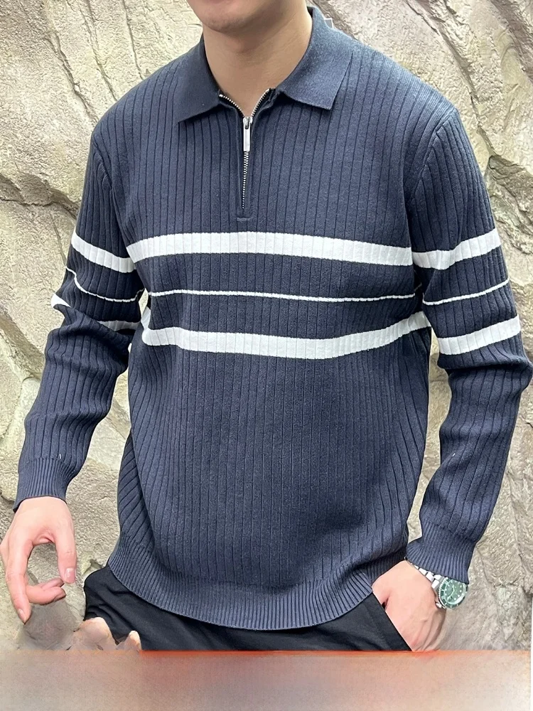 

Casual Loose Men's Knitwear Zipper Collar Stripe Pattern Autumn Winter Faionable Lazy Sle Clothing Elastic Long Sve Sw...