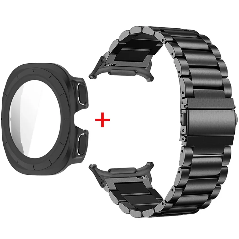 For Samsung Galaxy Watch Ultra 47mm / Ultra (2025) 47mm 3-Bead Stainless Steel Band + PC Watch Case with Tempered Glass Screen P