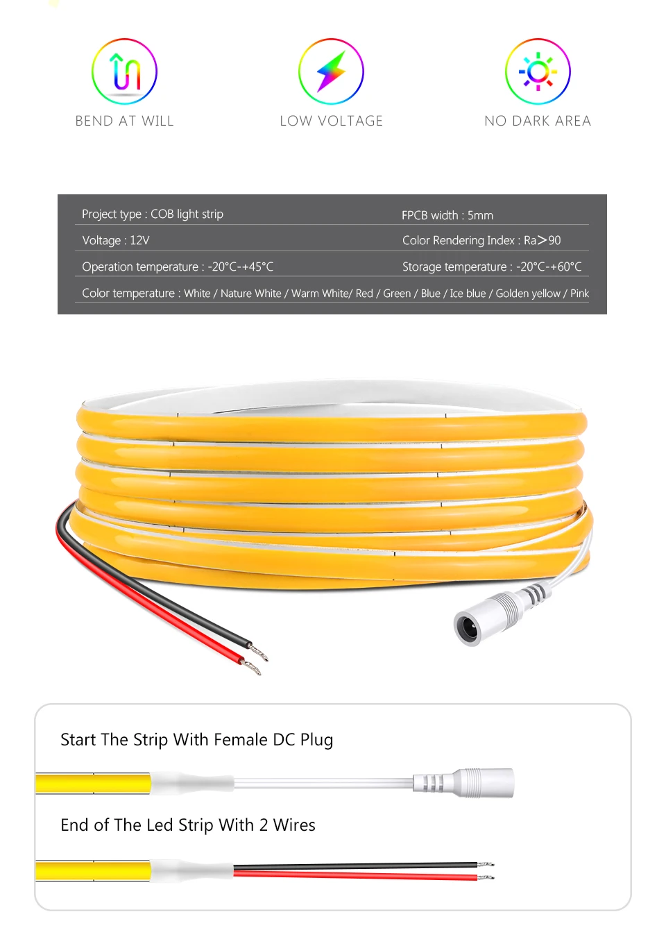 Superdünner 5 mm COB-LED-Streifen, 1 m, 2 m, 3 m, 4 m, 5 m, flexibles Neon-LED-Band mit hoher Dichte für Heim- und Raumdekoration, TV-Hintergrundbeleuchtung – Detail 2