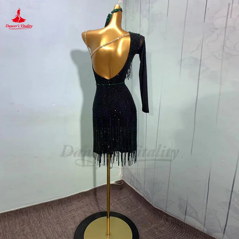 Latin Dance Competition Dress Cutsomsized Adult Children Single Sleeves Tassel Skirt Cha Cha Rumba Tango Latin Black Pool Dress