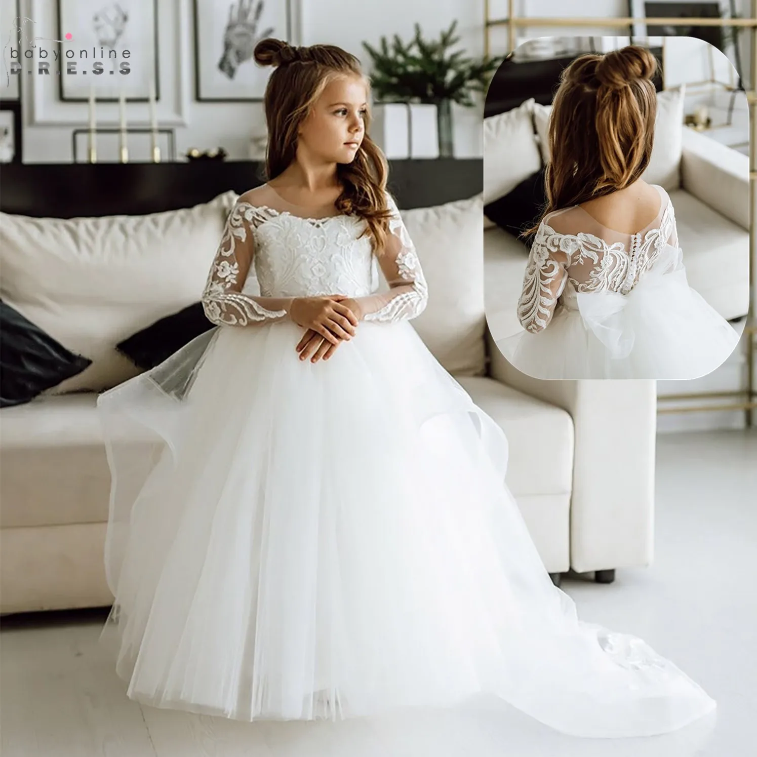 Robes à fleurs en dentelle pour filles, robe de noël pour enfants, robe de bal princesse de première Communion, demoiselle d'honneur de mariage avec traîne, 2022