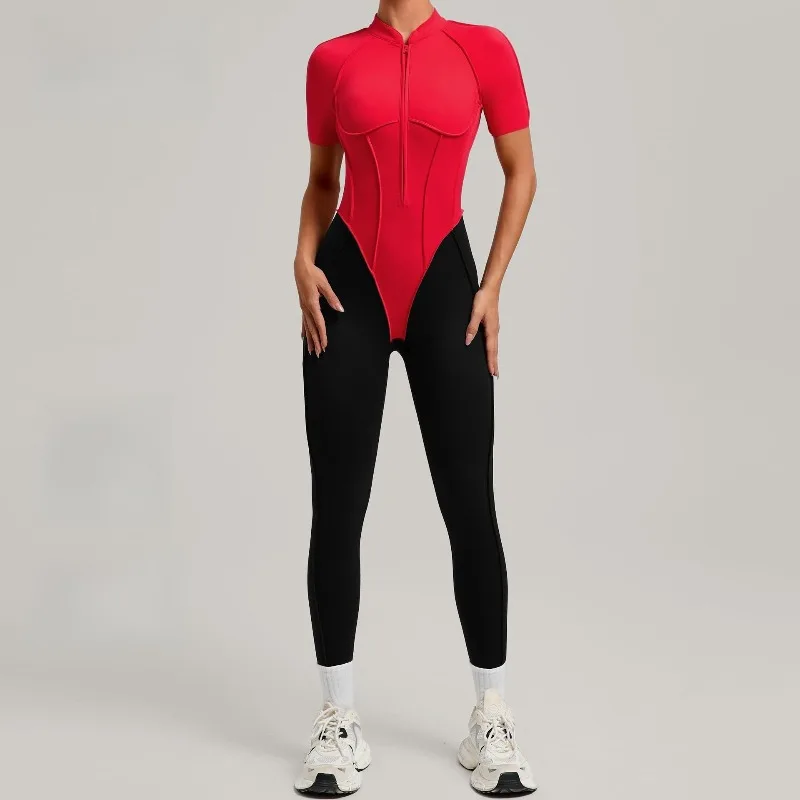 

New Women's Yoga Jumpsuit Stand Collar Beautiful Back Fitness Jumpsuit Color Block Patchwork Jumpsuit Running Sports Yoga Wear