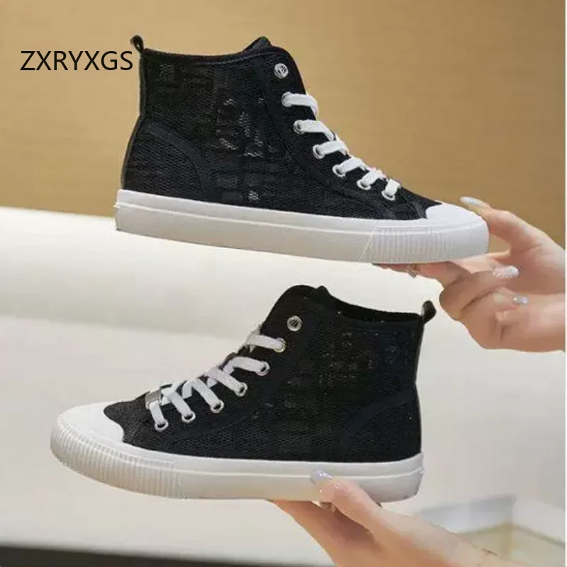 ZXRYXGS Premium Mesh High-top Sneakers Breathable Trend Shoes 2026 New Spring Summer Boots Flat Soft Women Black White Sneakers