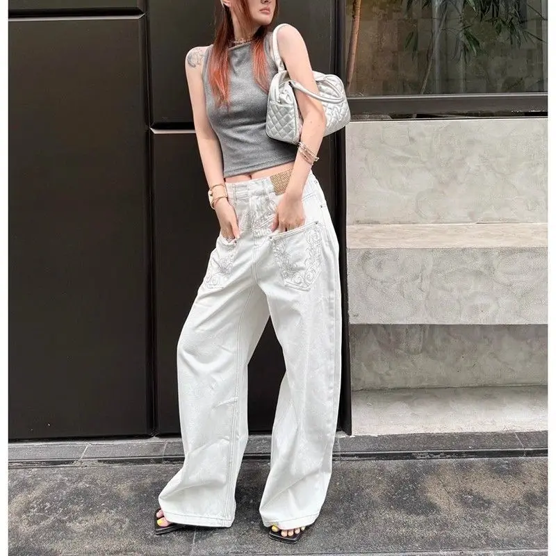 

Женские винтажные белые джинсы с карманами и вышивкой, уличная одежда в американском стиле ретро, Harajuku, свободные повседневные широкие джинсовые брюки с высокой талией