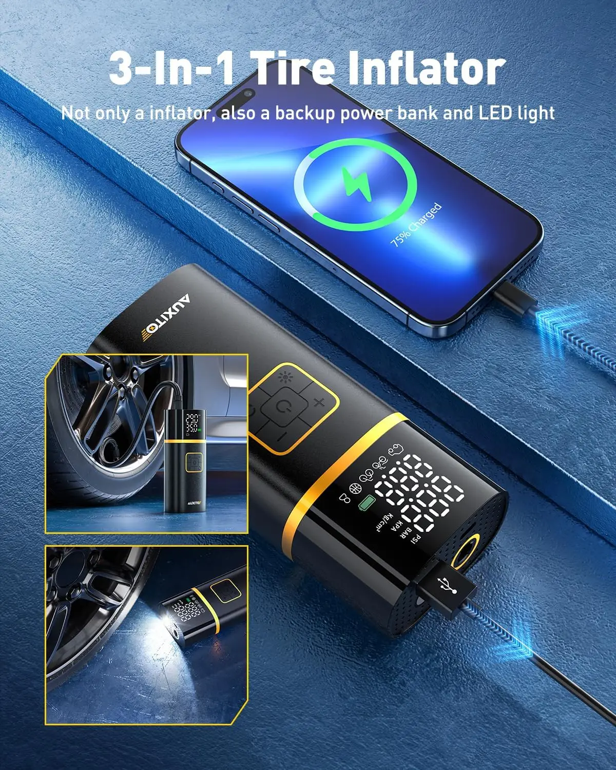 Portable Air Compressor for Car Tires with Digital Gauge, Cordless Rechargeable, LED Light, Auto Stop up to 150PSI