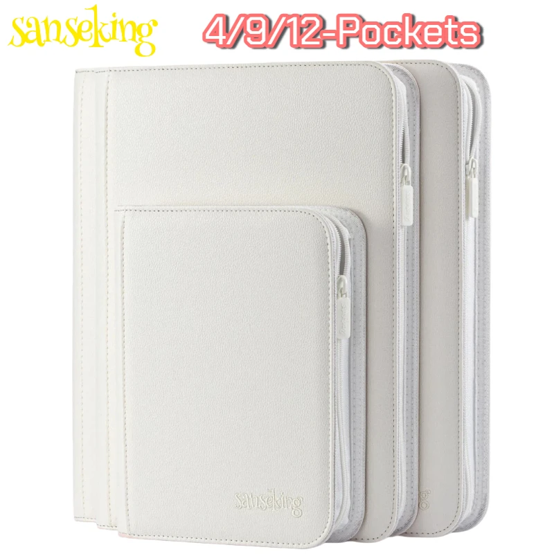 sanseking-white-pu-leather-zipper-card-binder-4-9-12-pocket-trading-card-album-collection-book-for-pokemon-tcg-mtg-sports-cards