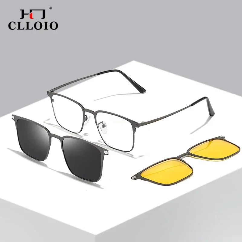 

CLLOIO Trend Titanium 3 In 1 Magnet Clip Polarized Sunglasses Men Women Myopia Prescription Glasses Frame Computer Glasses UV400