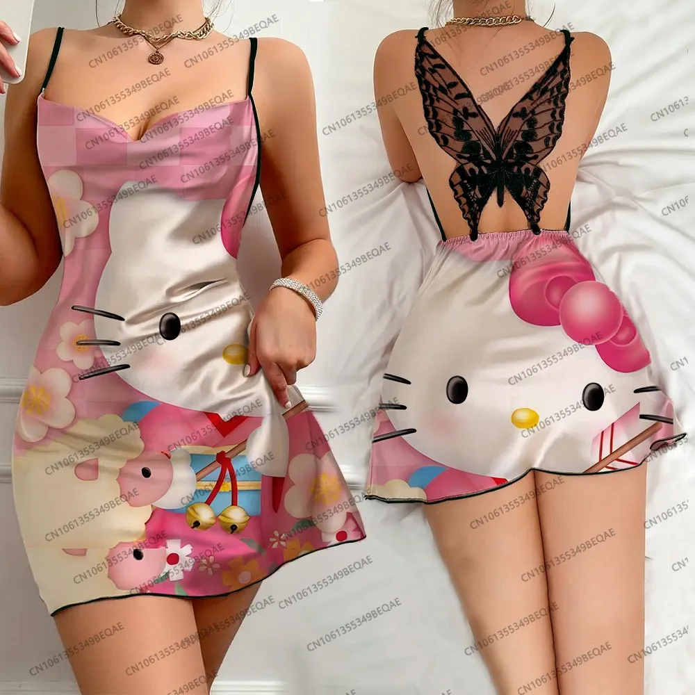 Vestido feminino moderno com suspensório de renda, estampa hello kitty, costas nuas, borda plissada, camisola de verão, confortável, sem mangas, roupa de dormir