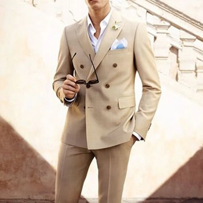 

Beige Slim Fit Men Suits With Double Breasted Casual Groom Tuxedo Custom Blazer Male Fashion Daily Work Wear 2023