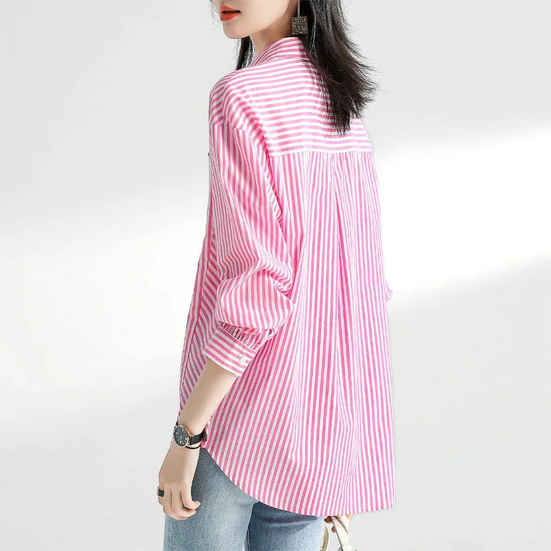 Vintage Casual Striped Printed Women\'s Shirt 2022 Spring Autumn Ladies Turn-down Collar Loose Fashion Long Sleeve Buttos Blouses