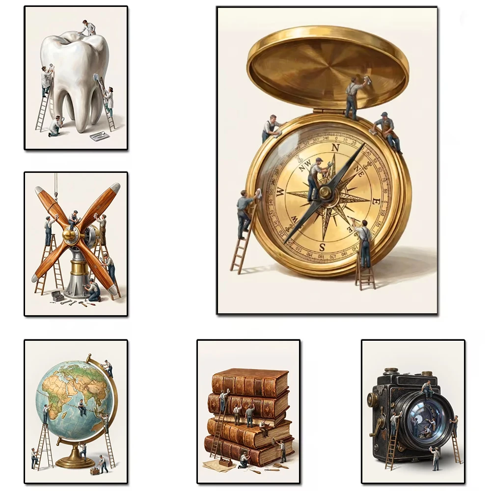 Surreal Miniature Worker Repairing Retro Alarm Clock Poster Worker Repairing Airplane Propeller Canvas Painting Library Decor