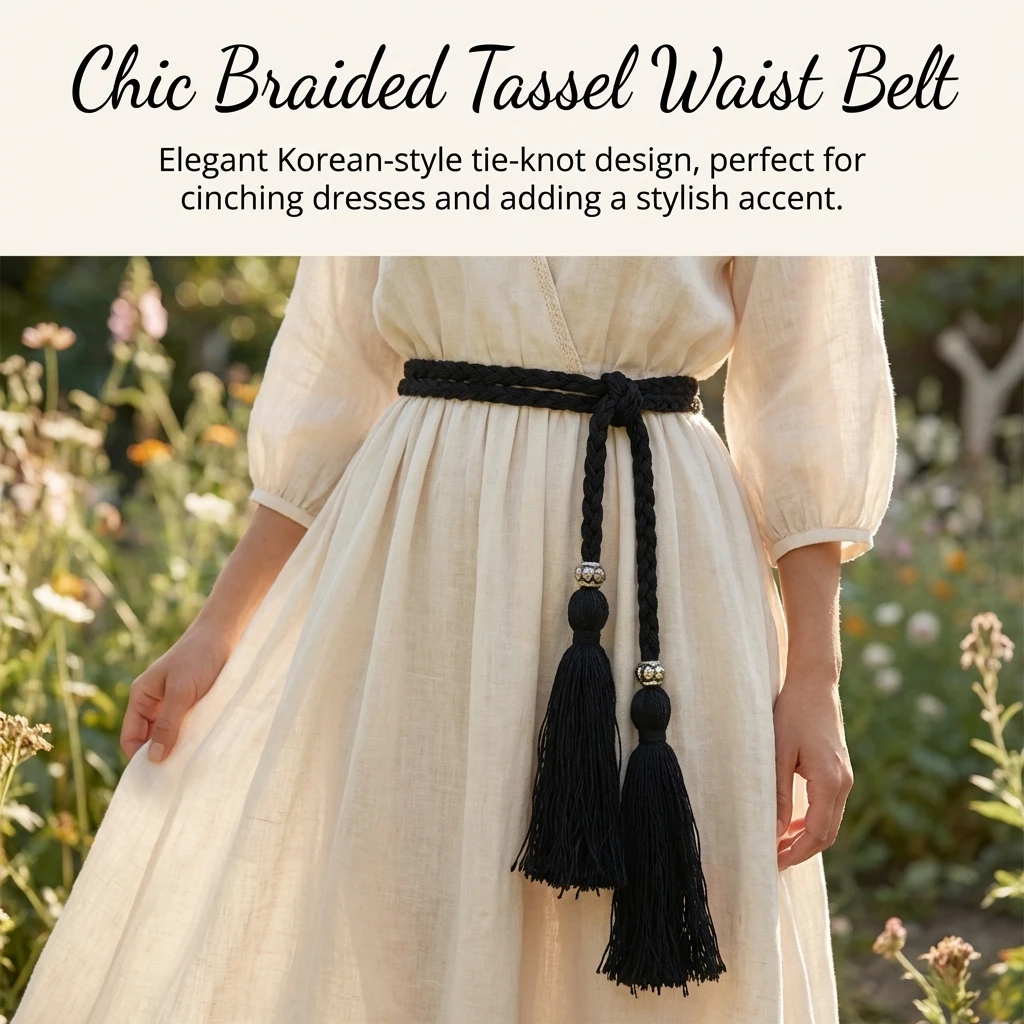Women's Braided Waist Belt With Fringe And Bowtie Design For Dresses