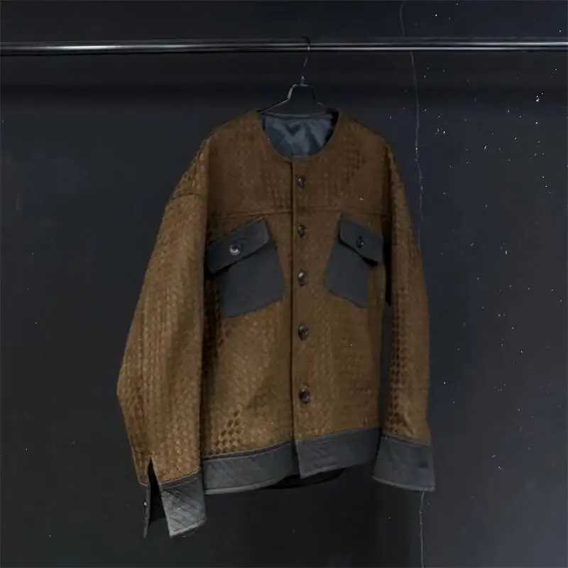 Crew Neck Textured Knit Color Block Men Cargo Jacket Niche Vintage Utility Style Autumn New Casual Coats XS4R