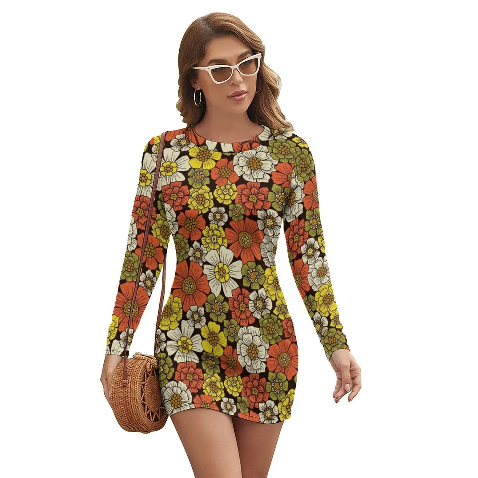 

Retro 1960s 1970s Floral Pattern Long-sleeved Dress loose women's dress luxury evening dresses 2024 Woman clothing Evening gown