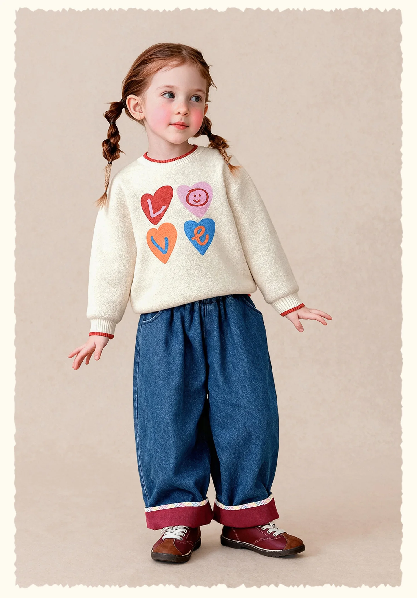 Amila 2026 Herbst Neue Kinder-Jeanshose mit Umschlagbündchen, Vintage-Waschung, gerolltem Saum, weitem Bein, weich, vielseitig für den Alltag – Detail 11