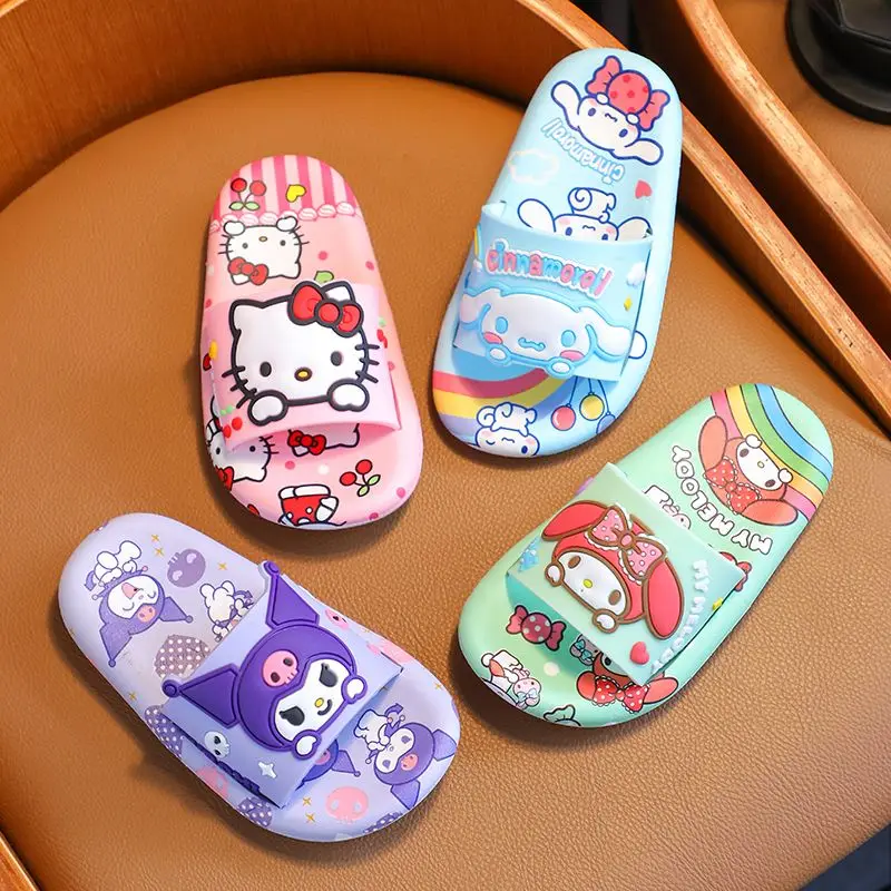 Hello Kittys Kids Slippers My Melody Kuromi Girls Cartoon Sandals Anime Cinnamoroll Cute Student Bathroom Bathing Anti Slip Flop