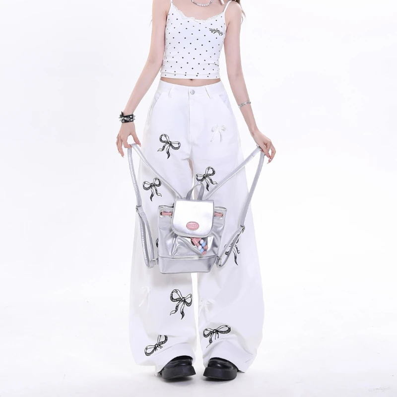 

Dophee New Summer Women Casual Long Trousers Dopamine Spice Girls Cute Bow All-match Loose Pink Straight Pants Age Reduction