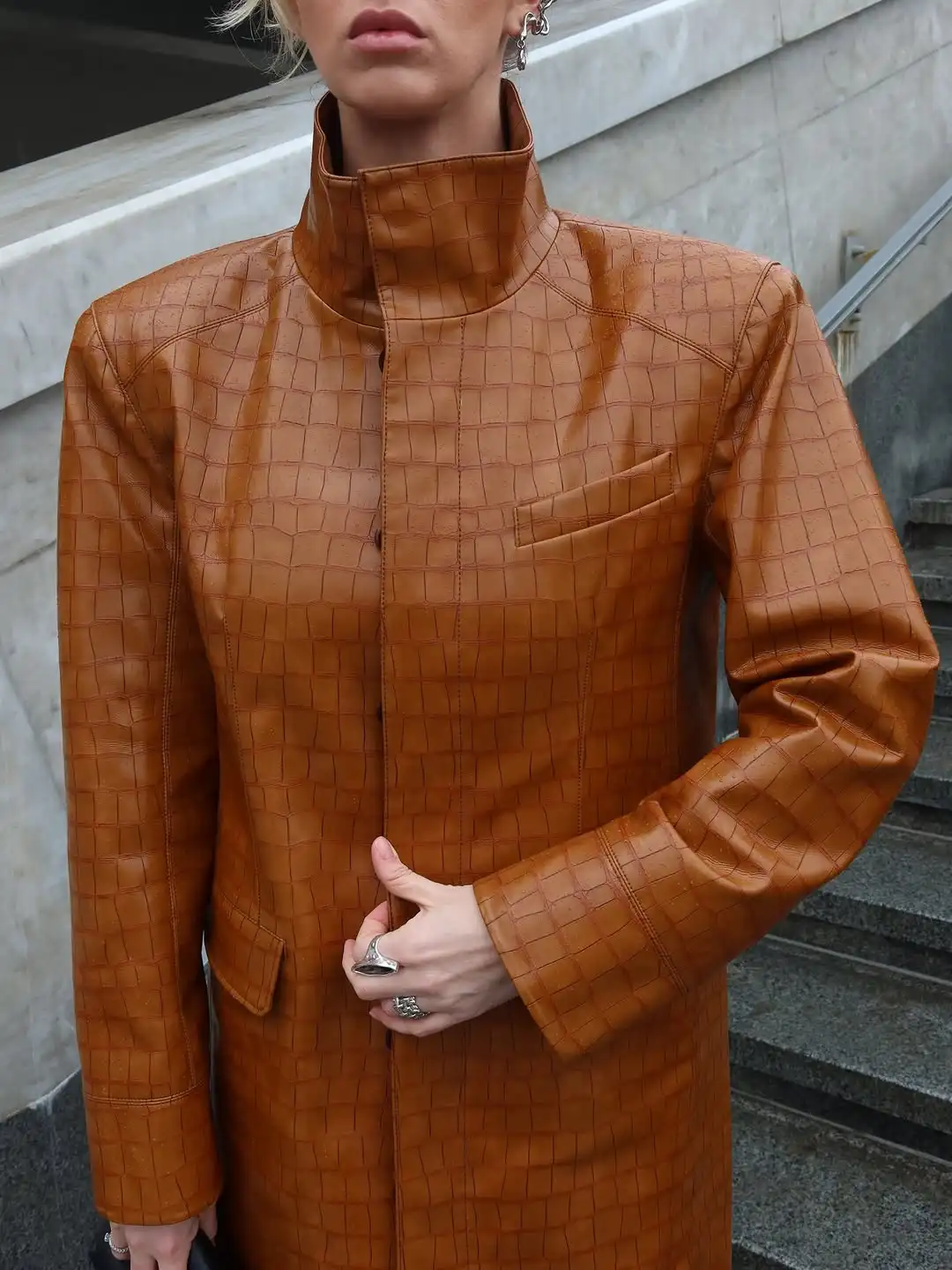 Solid Croc Embossed Faux Leather Long Trench Coat Lapel Single Breasted Straight Long Front Pockets Women Vintage Autumn Winter