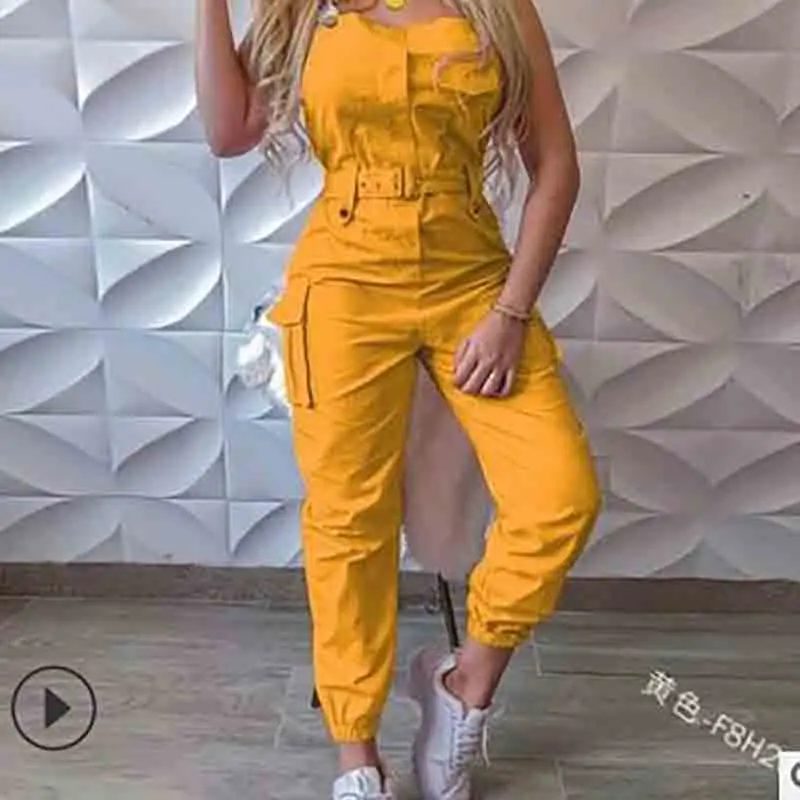 Overalls For Women New Square Collar Solid Color Cargo Jumpsuit Fashion Casual Sleeveless Streetwear High Waist Pants Summer