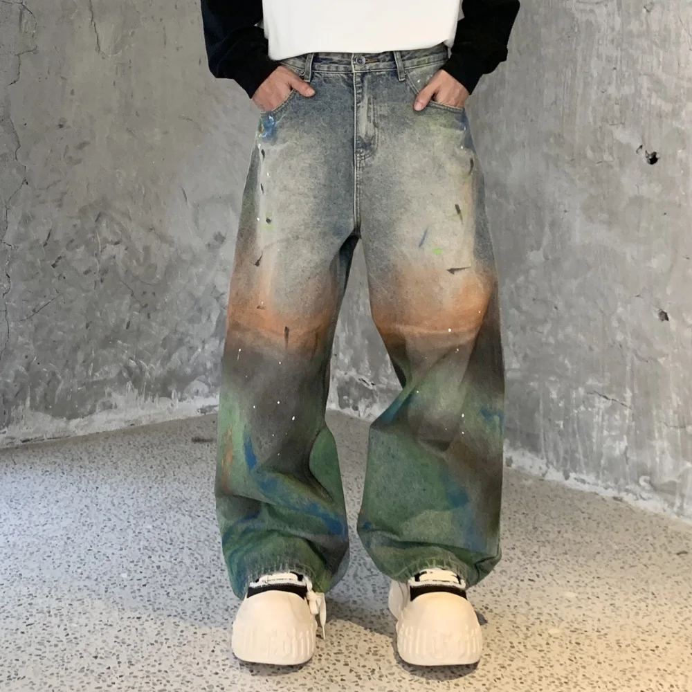 

Радужные потертые джинсы, мужская уличная одежда, модные свободные повседневные широкие мешковатые джинсы в стиле хип-хоп, женские брюки большого размера