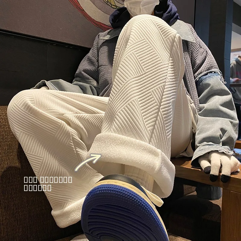 

Men's Winter Fce Lined Thiened Warm Spor Loose Wide Leg Casual Pants Anti-Wrinkle Straight Tube Trousers Faionable