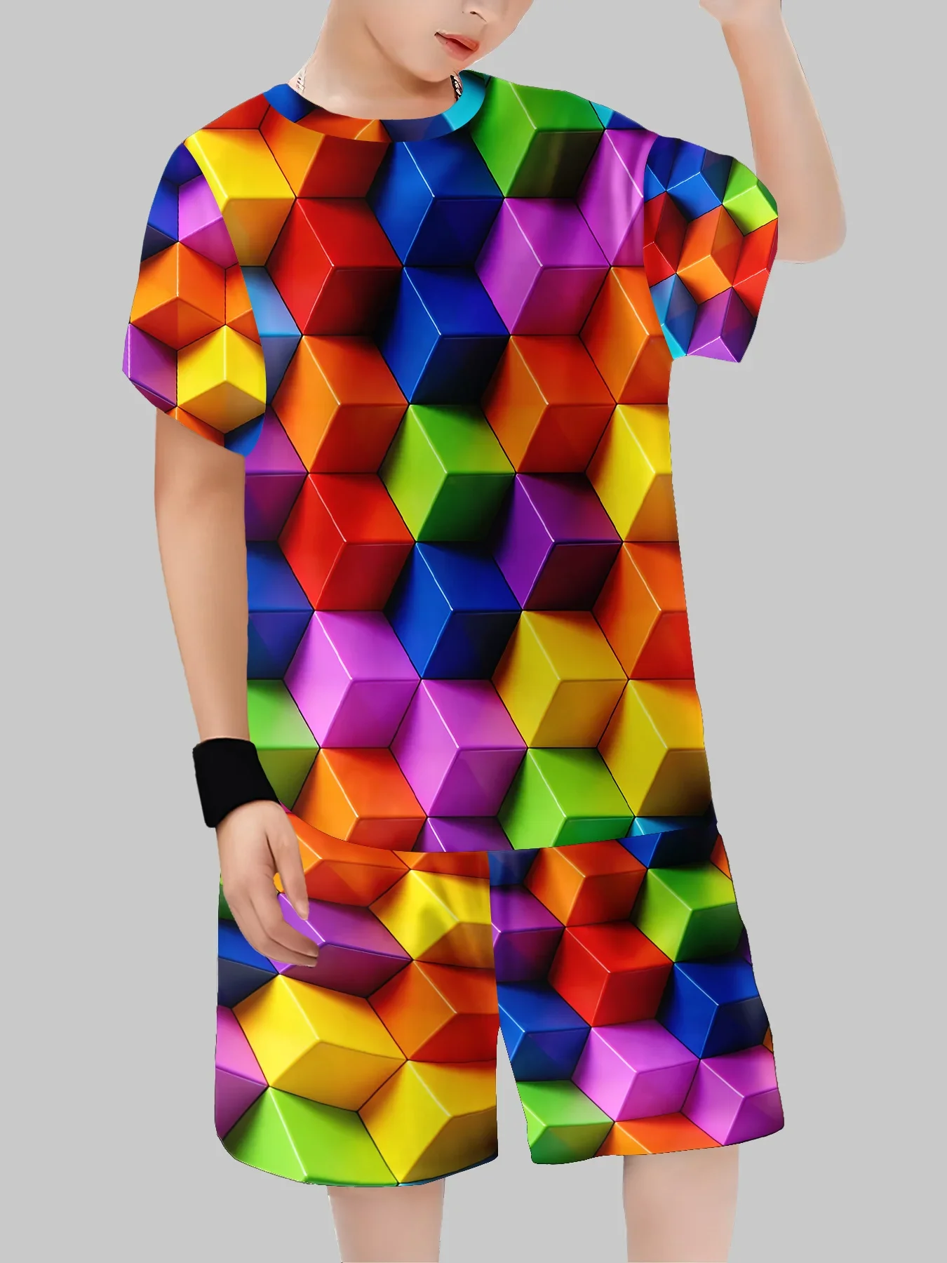 

Children's Clothing 3D Colourful Bricks Summer Tops Child Sets Short Sleeve Kids Tracksuit Sets Fashion Boys Kids Clothes
