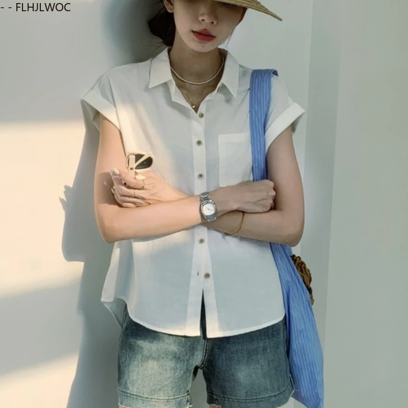 Blusas de linho de algodão novo 2025 verão bonito doce meninas estilo preppy manga curta retro vintage botão camisas brancas
