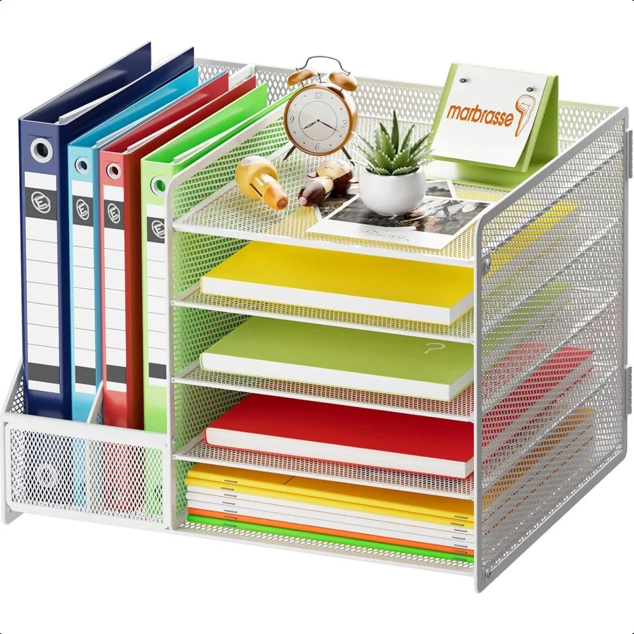 

Marbrasse 5Tier Paper Letter Tray Organizer with Mesh File Holder Magazine Rack and Office ply Storage White