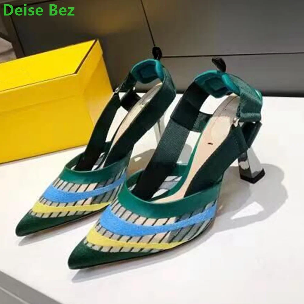 2024 New Mixed Colors Mesh Pumps Metal Thin High Heel Sandals Pointed Toe Slip-on Hollow Sweet Elegant Handmade Shoes For Women