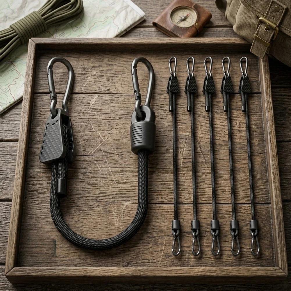 Adjustable Bungee Strap with Carabiner Hooks for Camping Hiking Road Trips Garage Organization and Equipment Bundling