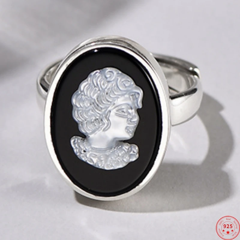 

S925 Sterling Silver Rings for Women Men New Fashion Creative Black White Beauty Relief Head Portrait Agate Shell Free Shipping