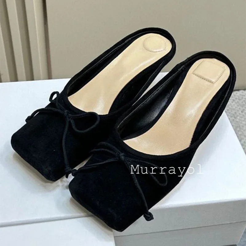 Nuove punta quadrata punta chiusa pantofole con tacco basso donna vera pelle con nodo a farfalla sandali eleganti scarpe estive pompe muli