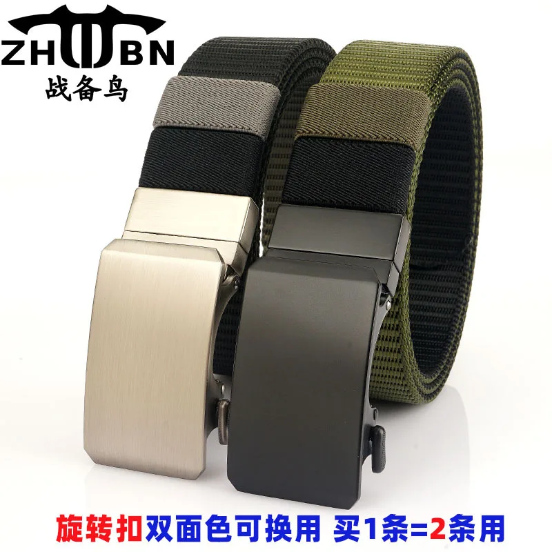 New Rotating Automatic Buckle Double sided Two tone Nylon Belt with 3.5mm Thick Tank Pattern Casual Simple Canvas Belt
