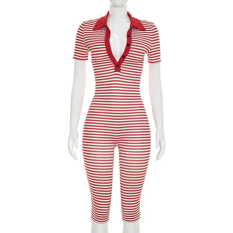 Trendige Damen-Playsuits mit V-Ausschnitt, gestreiften Knöpfen, Umlegekragen, Capri-Beinen, Sommer-Casual-Bodysuits, Loungewear – Detail 14