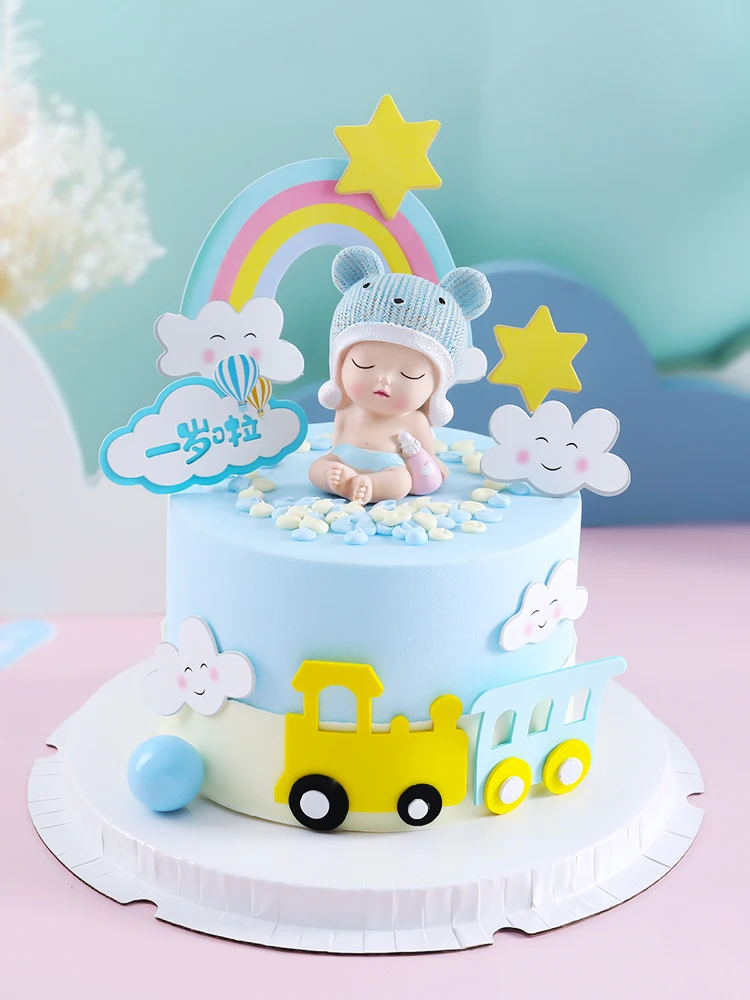 Cartoon Cow Tiger Hat Bottle Baby Boy Birthday Party Cake Topper Decoration Rainbow Cloud Train Dessert Baking Supplies Dress Up