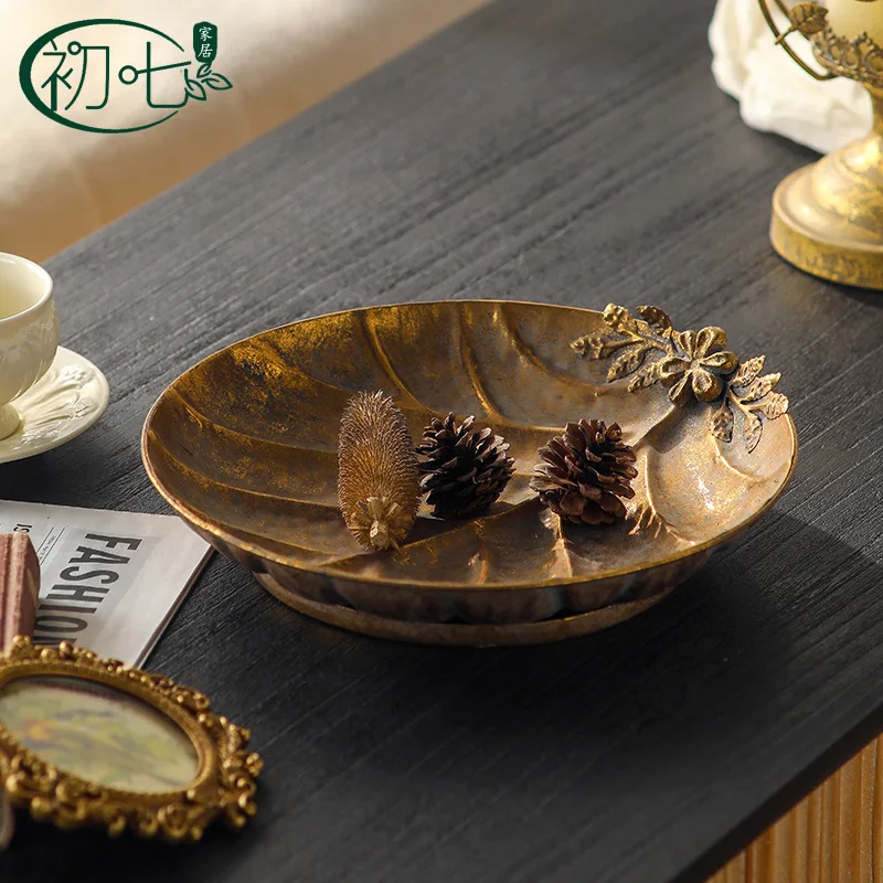 HT Leaf tray ornament antique household coffee table fruit tray retro wrought iron leaf vein ornament