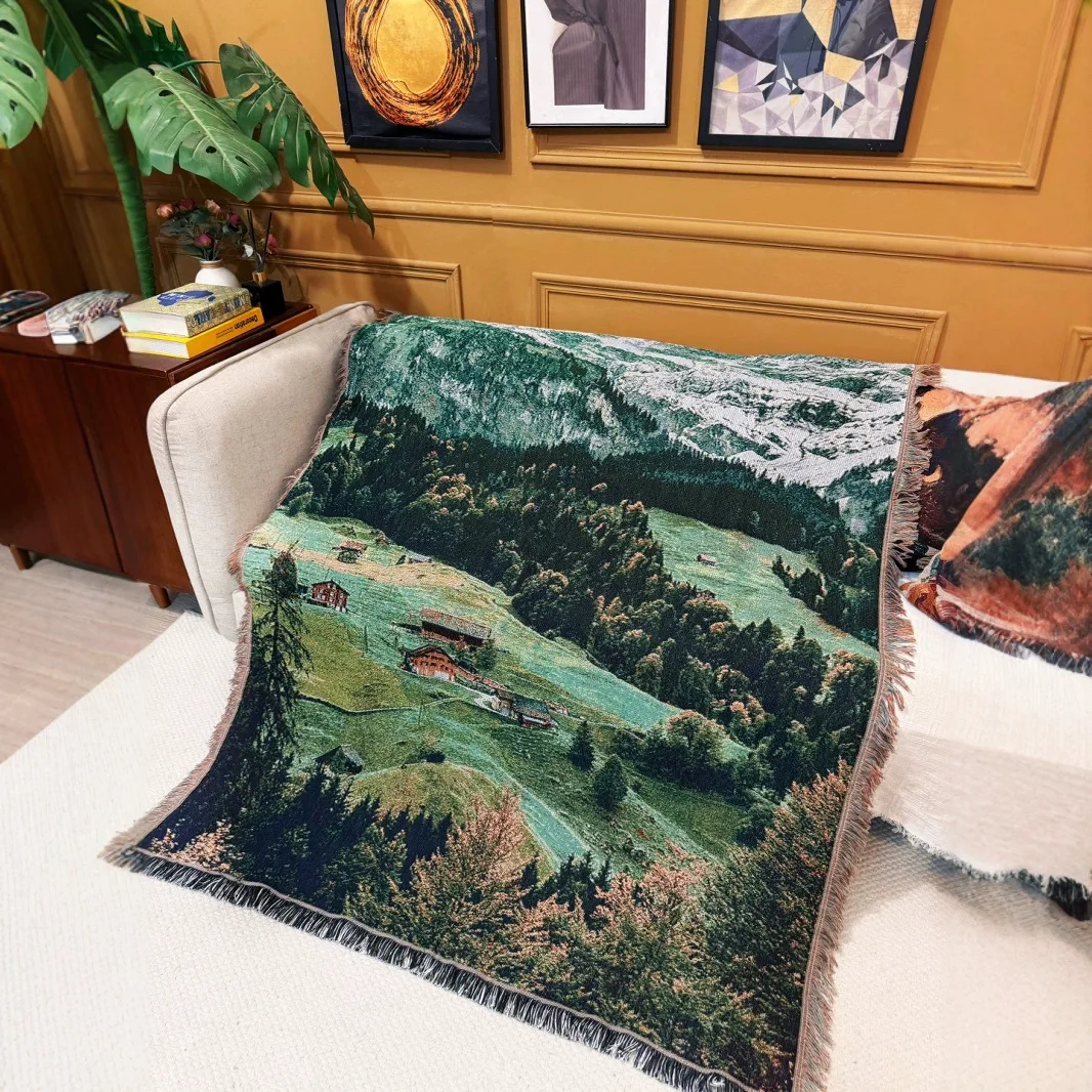 New Landscape Decoration Casual Blanket 130*160cm Cartoon Knitted Carpet Sofa Blanket Rustic Thread Sofa Home Travel Tent Cover