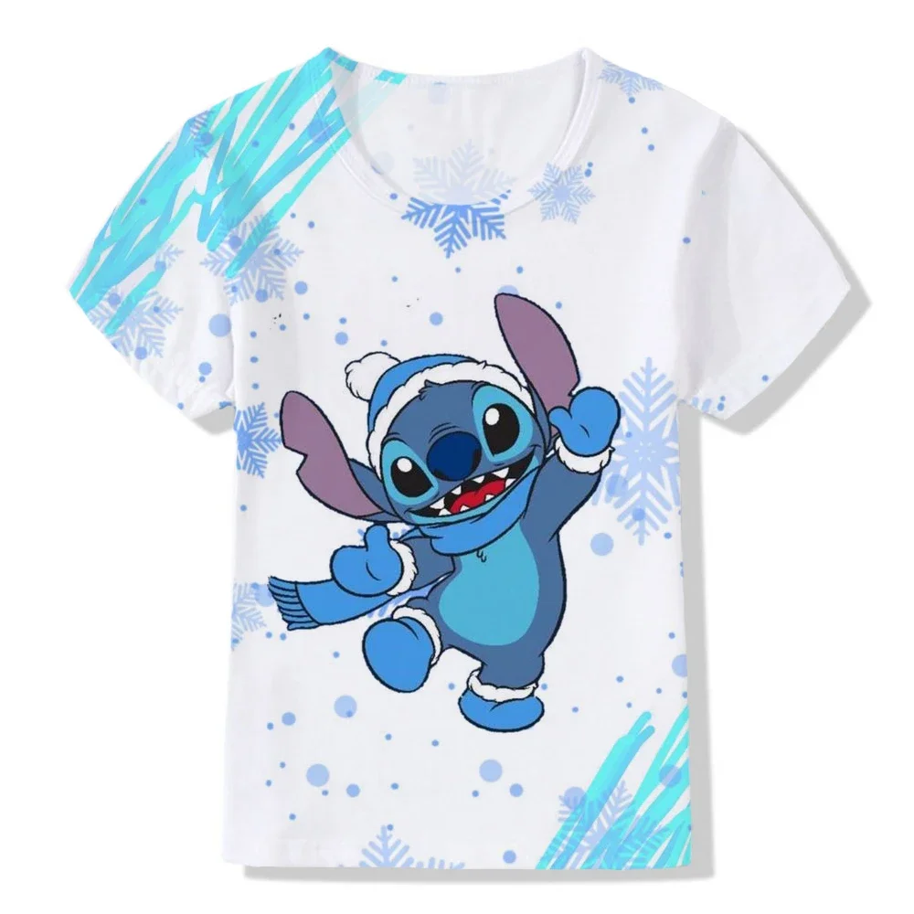 Kawaii Disney Stitch Boys And Girls Clothing Cartoon Children White Short Sleeve Pattern Children T-shirt 1-12 Years Old