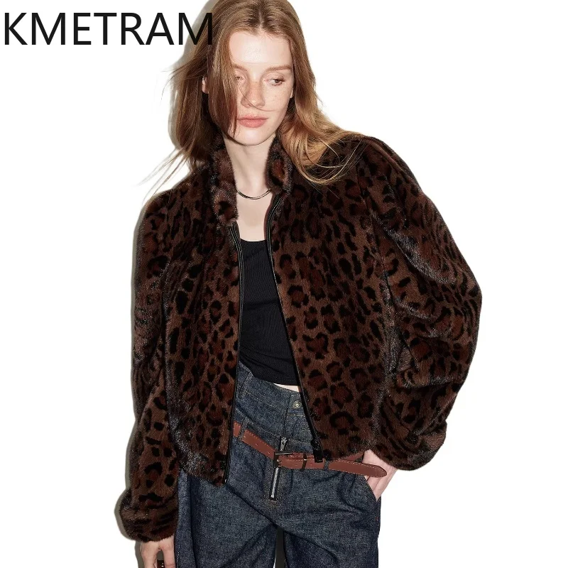 KMETRAM Natural Mink Fur Coat Woman Vintage Leopard Print Short Mink Fur Jacket Mulberry Silk Lining Winter Women Clothing 2026