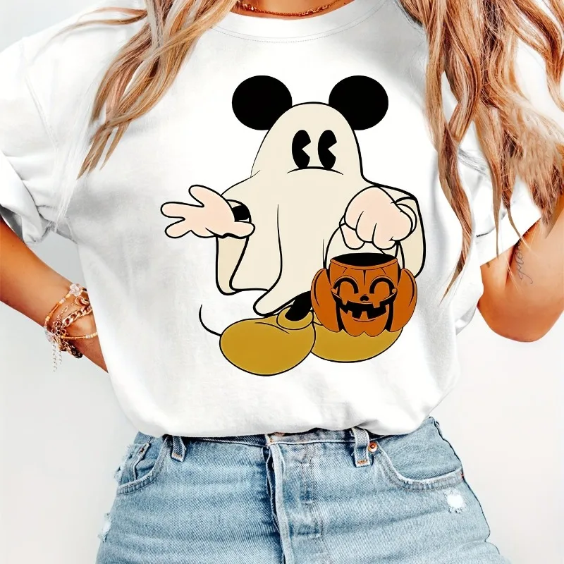 

Halloween Cute Mickey Mouse Ghost Costume T-Shirt Disney Women's New Plus Size American Oversized Casual Short-Sleeve Top