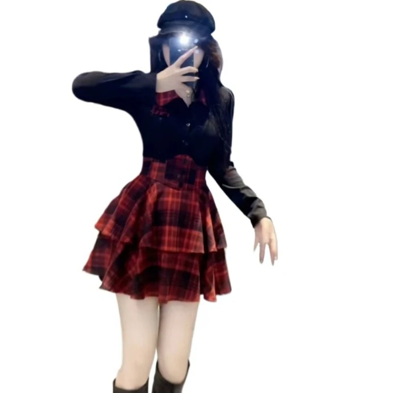 

Pure Desire College Style Jk Suit Skirt Spring and Autumn New Slim Collar Shirt Small Student Plaid Cake Skirt Age Reduction Set