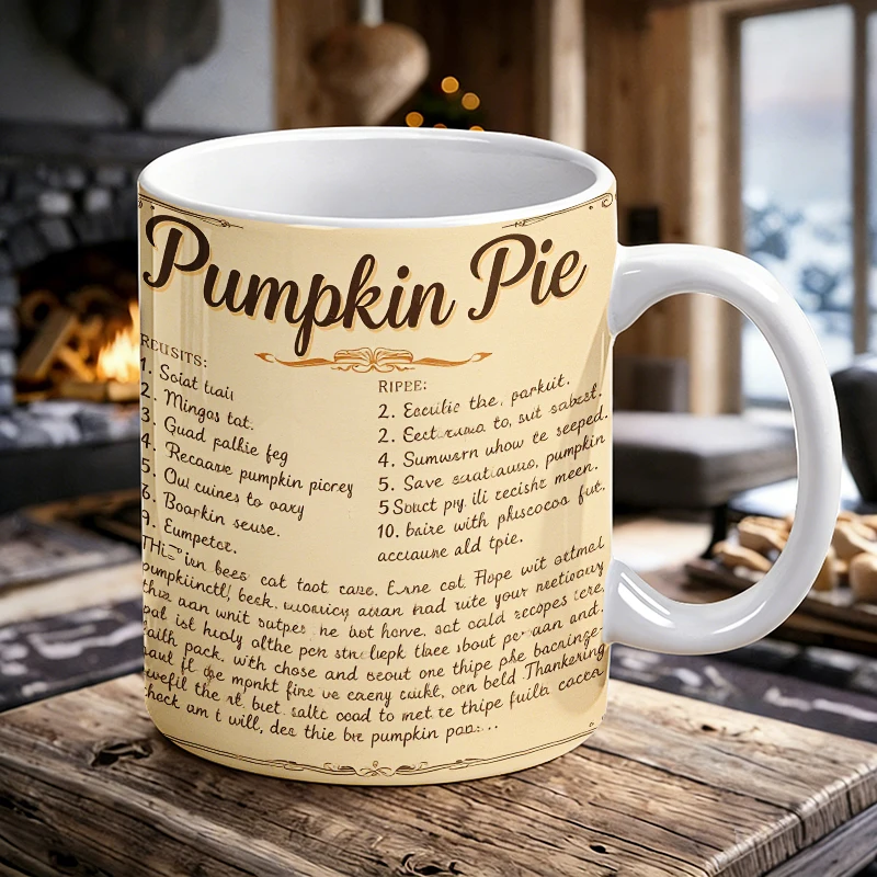 

11 oz Pumpkin Pie Recipe Handle Ceramic Mug, Fully Printed Pattern Coffee Cup, Insulated Milk Mug, Water Cup for Office