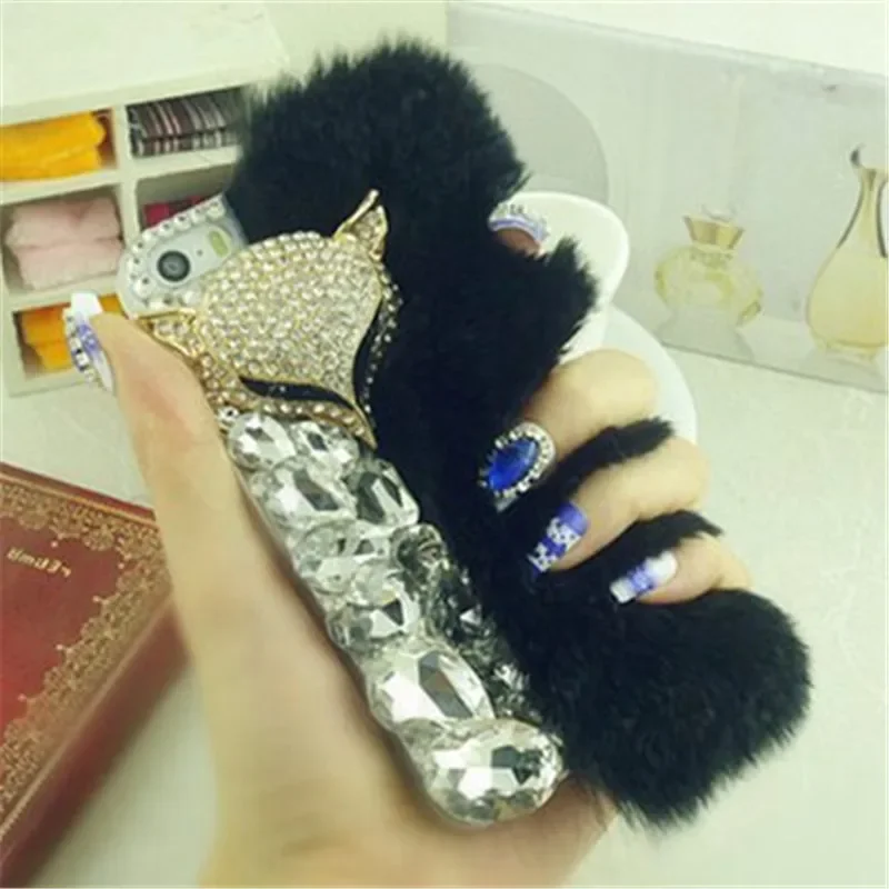 Luxury Bling Rhinestone Diamond Real Rabbit Fur Phone Case Cover for Xiaomi Redmi 13C, Note10S, Note11 Pro, 12Pro,Note13Pro Plus