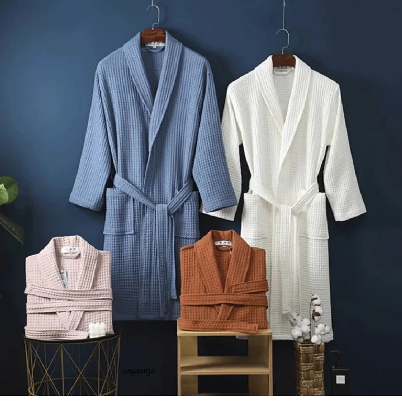 100% Cotton Waffle Bathrobe Women Summer Robe Sleepwear Long Sleeve Brides Bathrobe Kimono Man Casual Home Dressing Gown Pijamas