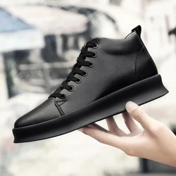 High quality all Black Men leather casual shoes Increase Simple Pure Black Sneakers Fashion Breathable Sneakers Heightening shoe