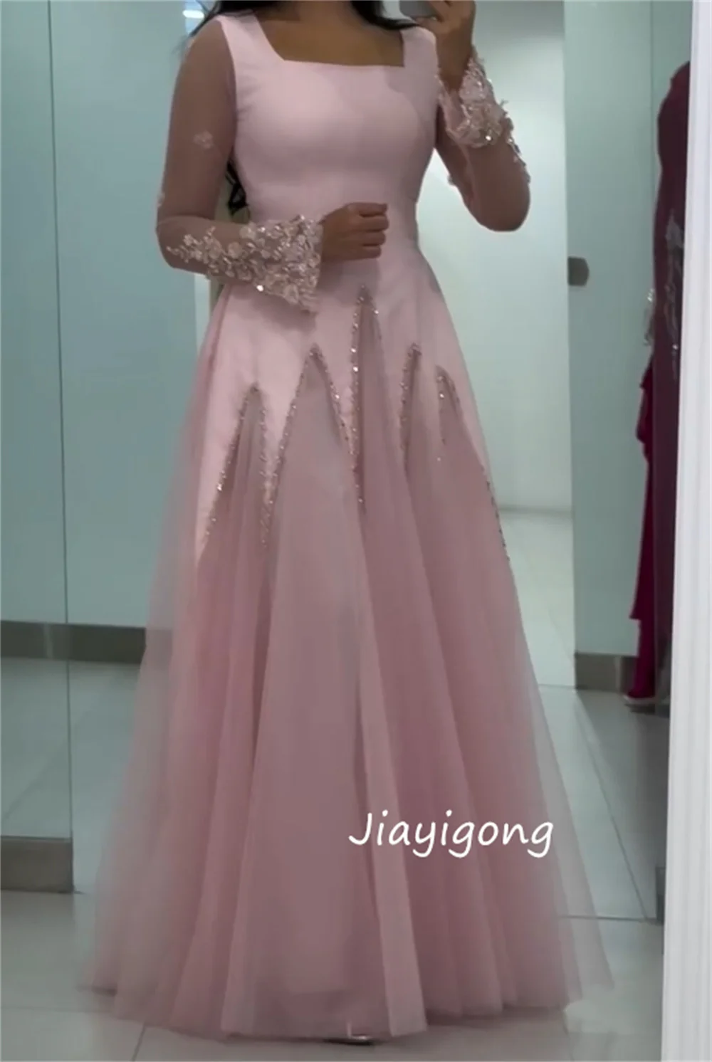 Customized Sparkle Jersey Sequined Pleat Flower A-line Square Neck Long Dresses Bespoke Occasion Evening Sizes Available