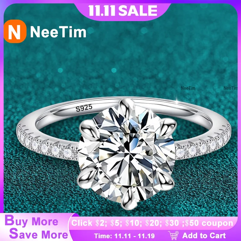 

NeeTim 5CT сверкающие D-цвет муассанит лабораторные бриллиантовые обручальные кольца для женщин S925 стерлингового серебра роскошные ювелирные изделия обручальное кольцо